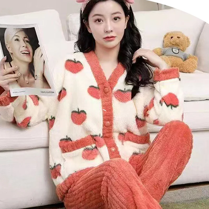 2Pcs/set women\'s coral velvet pajamas small fragrant wind autumn and winter padded and thickened warm peach-coloured student hom