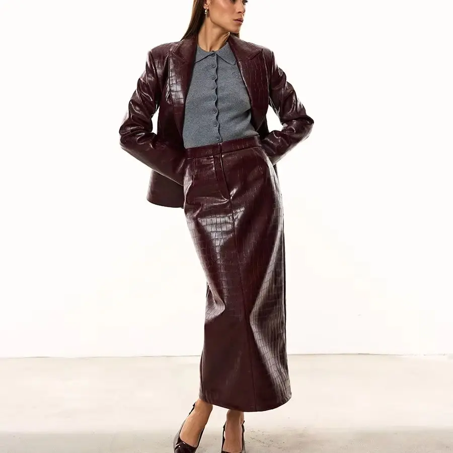 IG Women Burgundy Croc Faux Leather 2 Piece Suit Set Notched Lapel Slim Blazer Jacket High Waist Midi Pencil Skirt Elegant