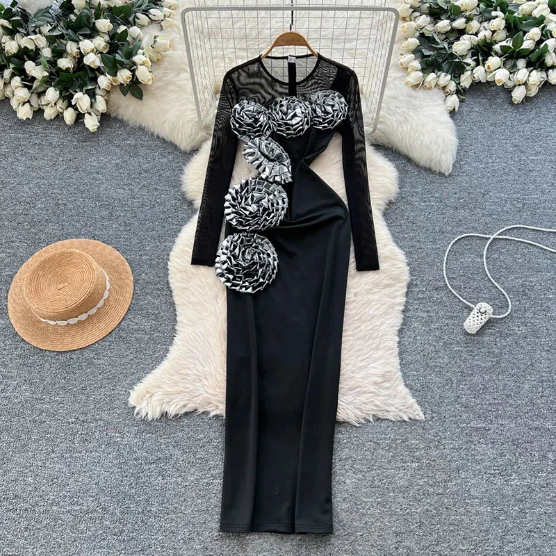 Women 3D Floral Dress Luxury Long Sleeve Zipper Design Splice Slim American Fashion Split Mesh Sheer Sexy Party Dress