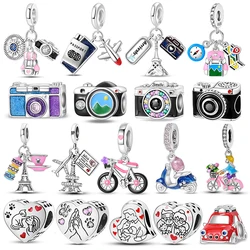 925 Sterling Silver Travel Series Camera Bicycle Tower Compass Bag Pendant Charm Fit 4mm Aperture Bracelet DIY Bead Jewelry Gift