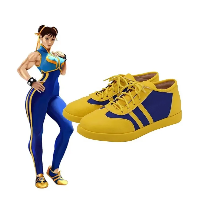 Chun Li Game Street Fighter Cosplay Sapatos para Mulheres, Calçados Esportivos Amarelos para Meninas, Role Play Carnaval de Halloween, Acessórios de Trajes