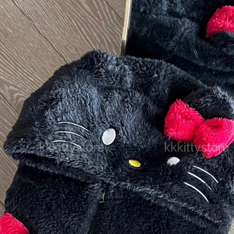 Korean Style Cute Cartoon Hello Kitty Coral Fleece Hooded Sleep Tops Women\'s Winter Thick Plush Homewear Zipper Coat