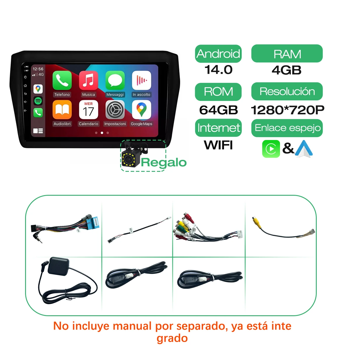 Reproductor Multimedia con Navegación Carplay para Suzuki Swift 2003-2010, 64G, Android 14, Android Auto, GPS, WiFi, Bluetooth, Pantalla de 9 Pulgadas