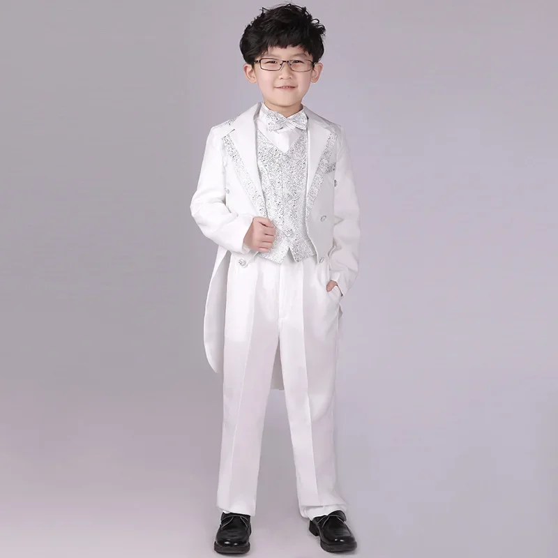 England Style Tuxedo Suits Boys Clothes Set Kids Formal Wedding Blazer Swallow-tailed Coat Kids Party Bow Tie Clothing 5PCS/Set