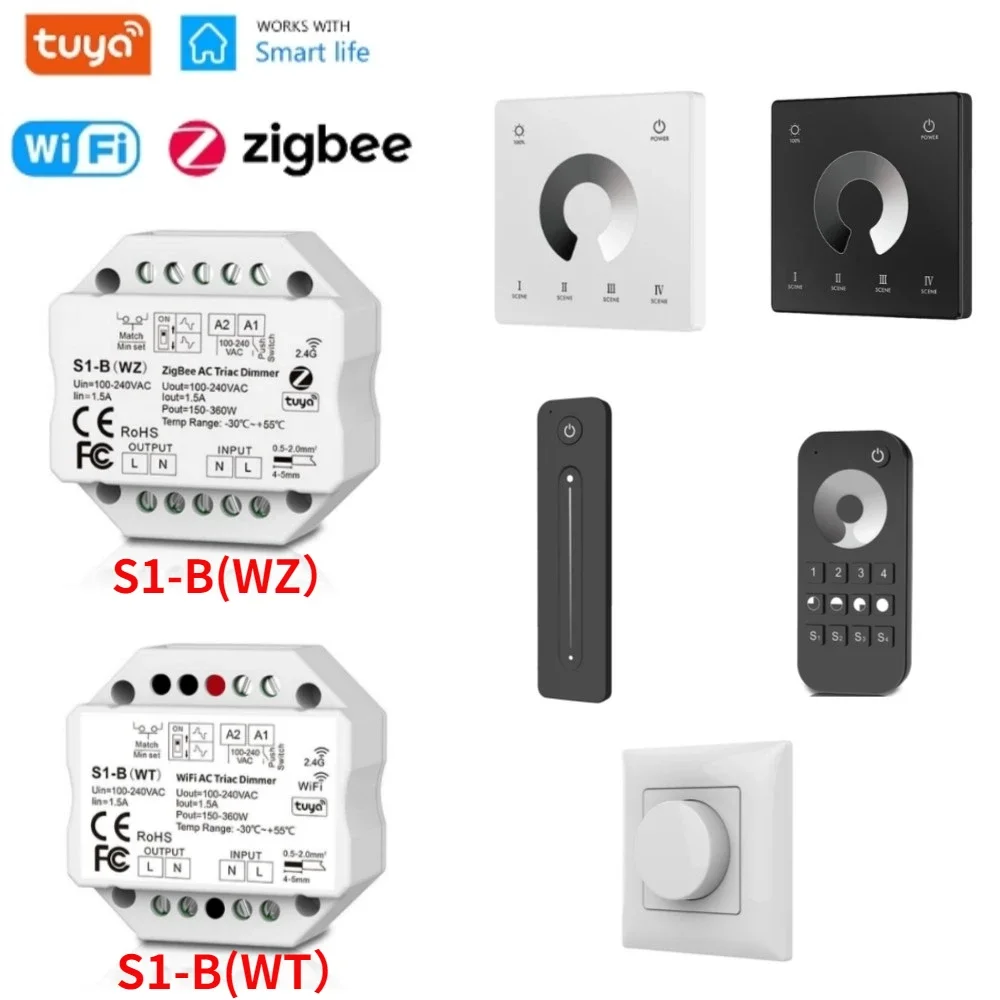 PK1/S1-B(WT)/S1-B(WZ)/R11/RT6/TW1 NEW Tuya Zigbee RF AC Triac Dimmer LED Controller Push Switch Control Smart Life Alexa Google