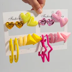 New 5pair/set Sweet Colorful Acrylic Heart Stud Earrings for Women Fashion Geometric Circle Star Hoop Earring Korea Jewelry Gift
