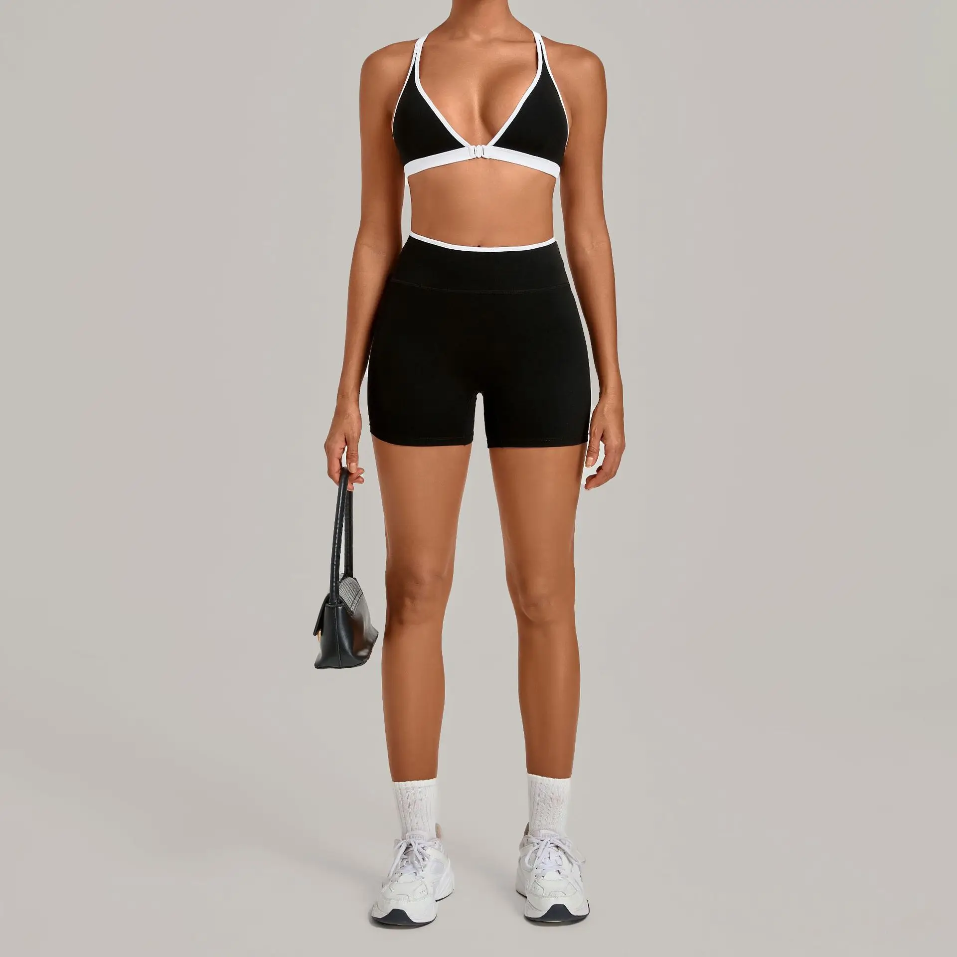 Women 2 Piece Yoga Set Deep V Neck Criss Cross Back Sports Bra High Waist Stretch Biker Shorts Gym Workout Running Fitness Suit