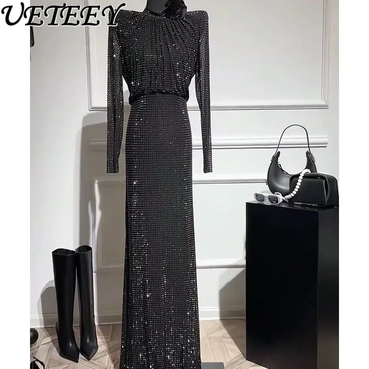 Ladies Rhinestone Hot Drilling Black Fishtail Dress Women Heavy Industry Diamond Ruffle Hip Long Dress Party Wedding Vestidos