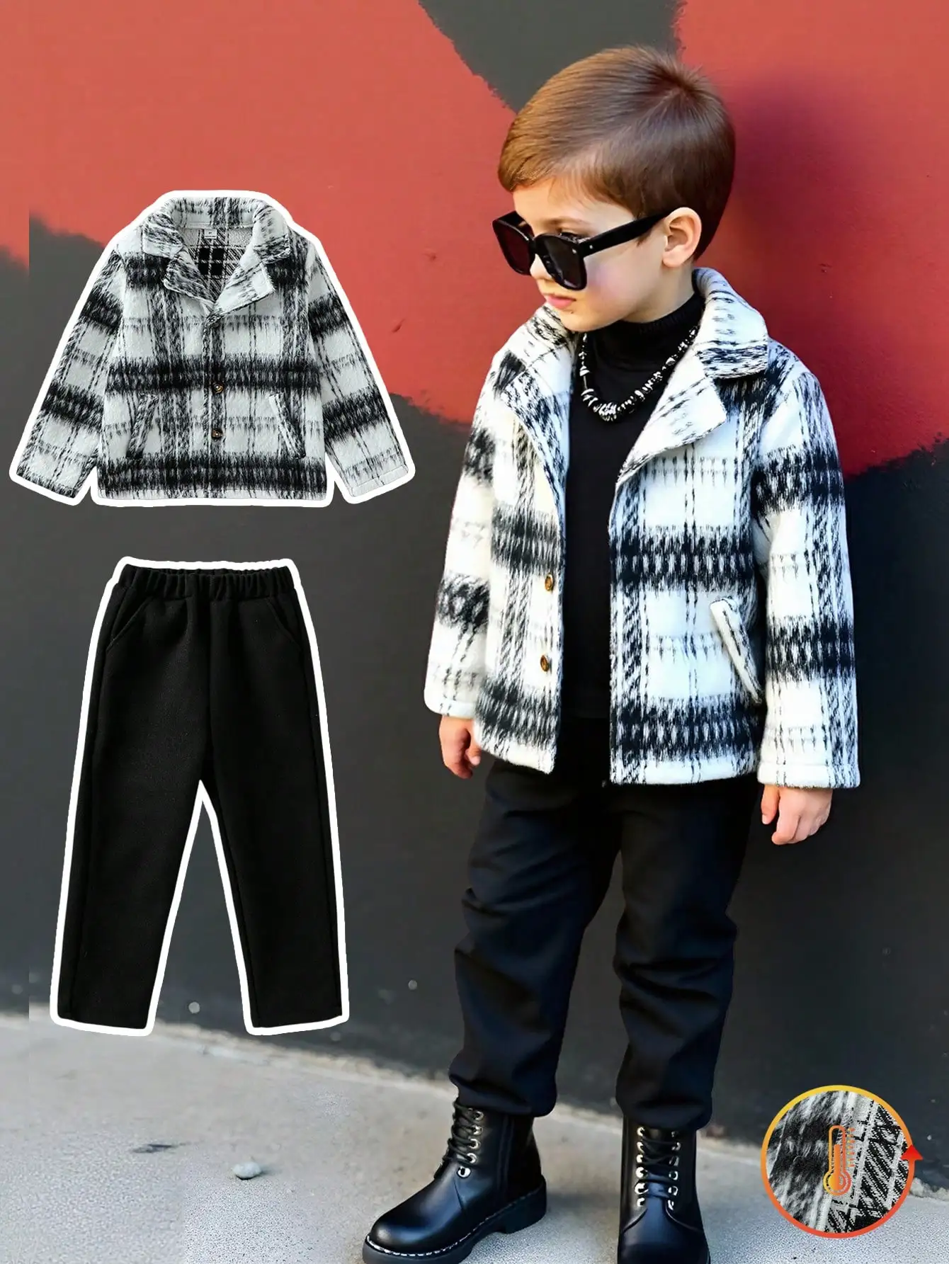 

Boys Winter Plaid Woolen Jacket & Black Relaxed Pants Set, Casual Stylish Outfit for Kids