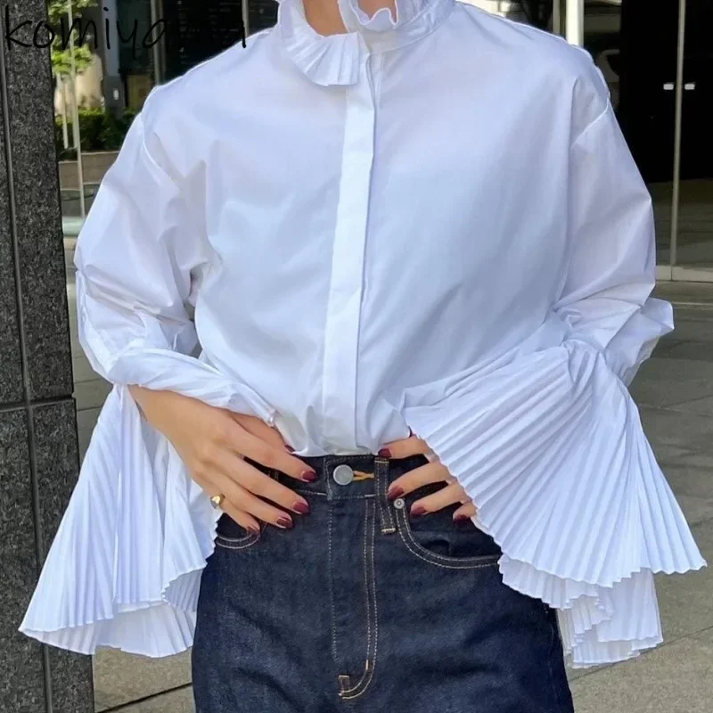 Covered Button Shirt Tops Flare Long Sleeve Shirts Blouses Turtleneck Blusas Mujer 2025 Spring New Camisas Loose Ropa Mujer