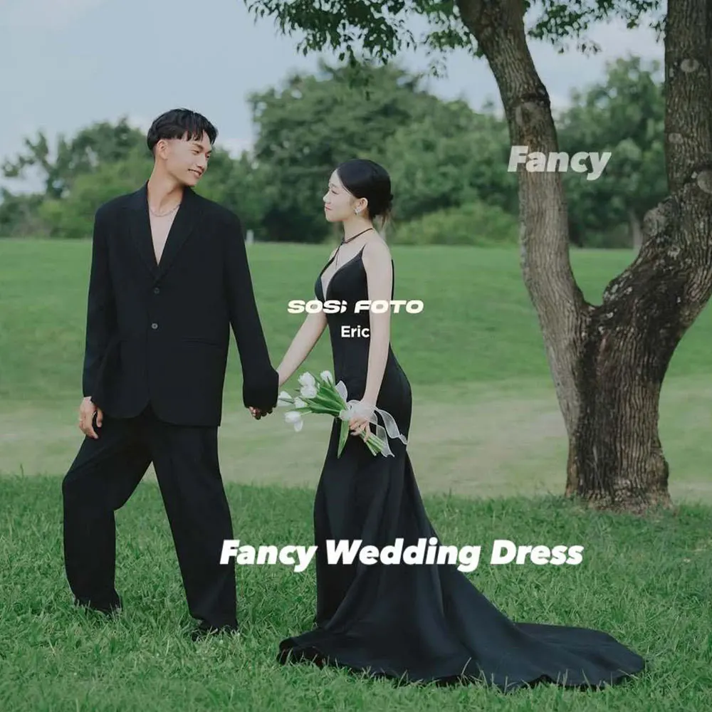 Fancy Korea Sexy Deep V Neck Wedding Dress Mermaid Soft Satin Evening Dress Back Corset Customized 웨딩드레스