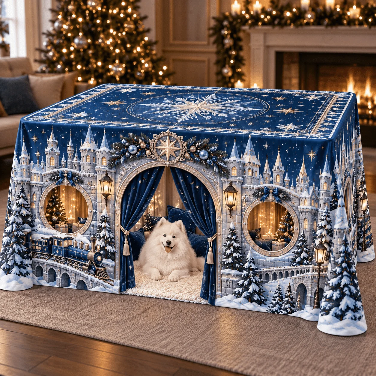 1 dog door tablecloth, the dark blue star castle is too beautiful! Snow castle, golden stars and Christmas tree print