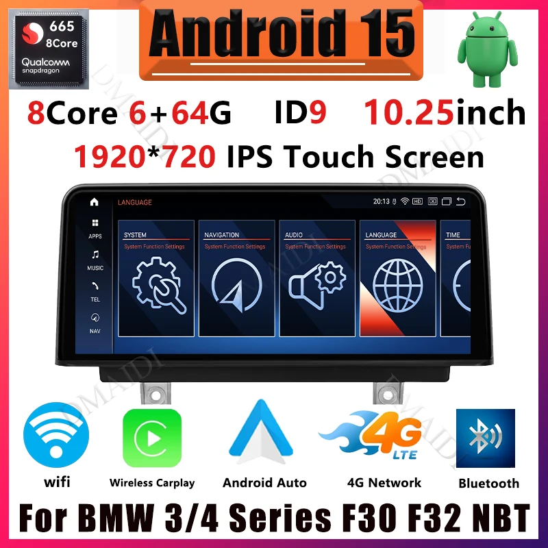 Zentrales Steuerungssystem 10,25" Android 15 für BMW 3er/4er Serie F30 F31 F32 F33 F34 F35 F36 2013-2017 NBT Autoradio Multimedia Wireless Apple CarPlay Android Auto Bluetooth GPS Navigation