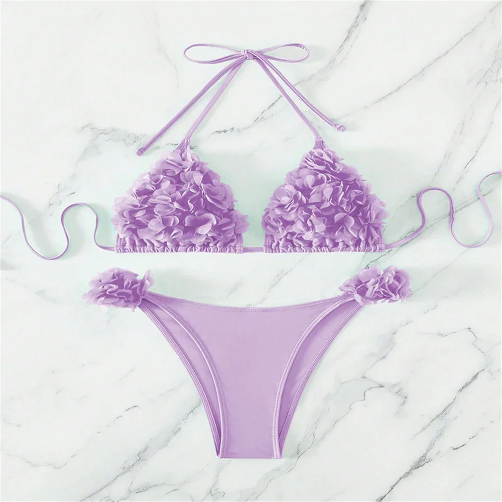 Set top bikini con fiori 3D Halter String Extreme Backless Y2K Costume da bagno push up Abiti da vacanza Costumi da bagno da donna Costume da bagno da spiaggia
