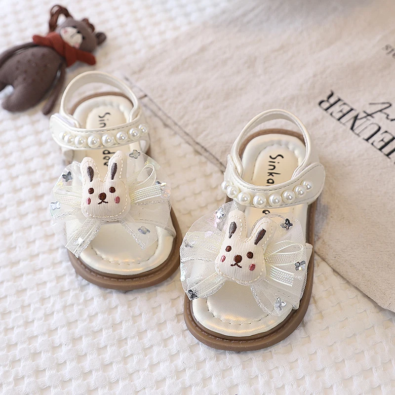 

Beach Shoes Princess Style Girls' Toddler Sandals Cute Rabbit Children's Bow Sweet Pearl Decoration Comfortable Soft on The Feet