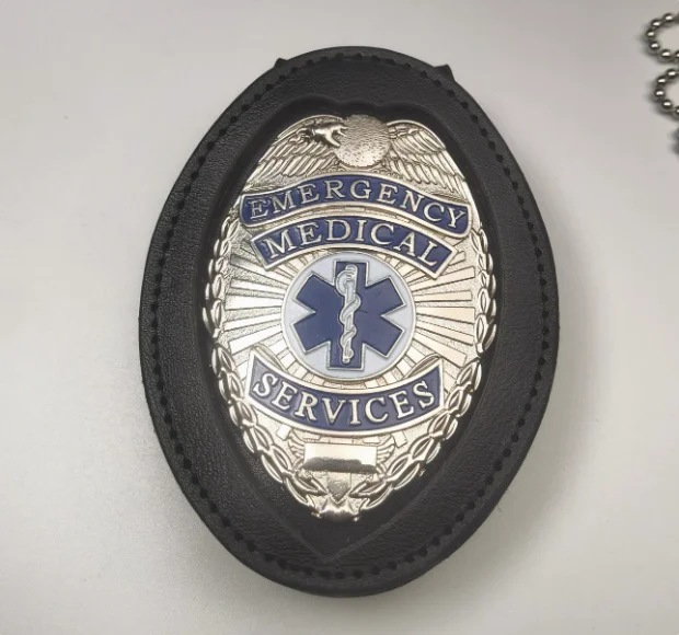 US Emergency Medical EMS Badge with Inlaid Leather Tray with Back Clip Bead Chain