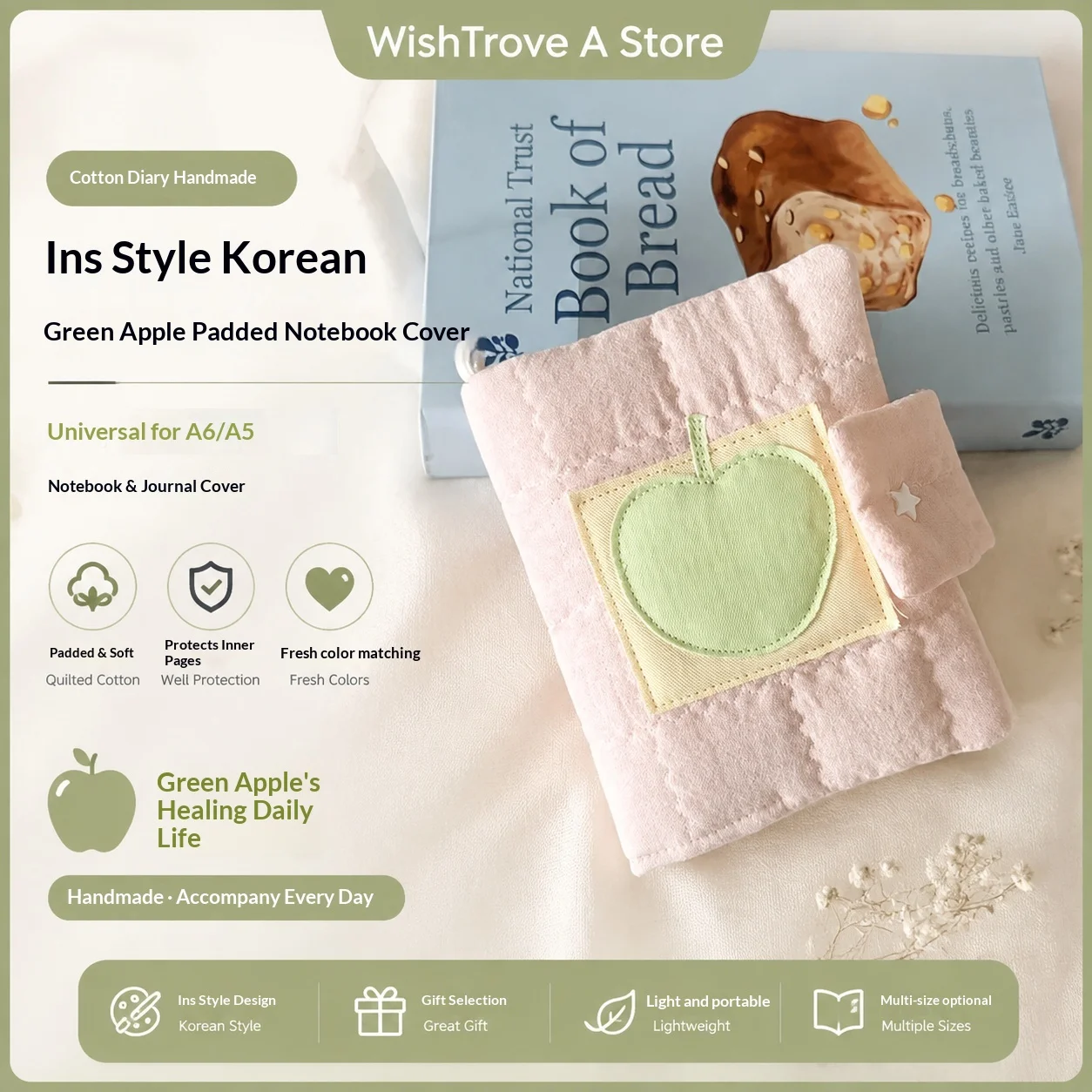 A5a6 Kawaii Cotton Diary Handmade Ins Style Korean Green Apple Cotton Pinch Book Cover Diary Book Cover Gift For Friend