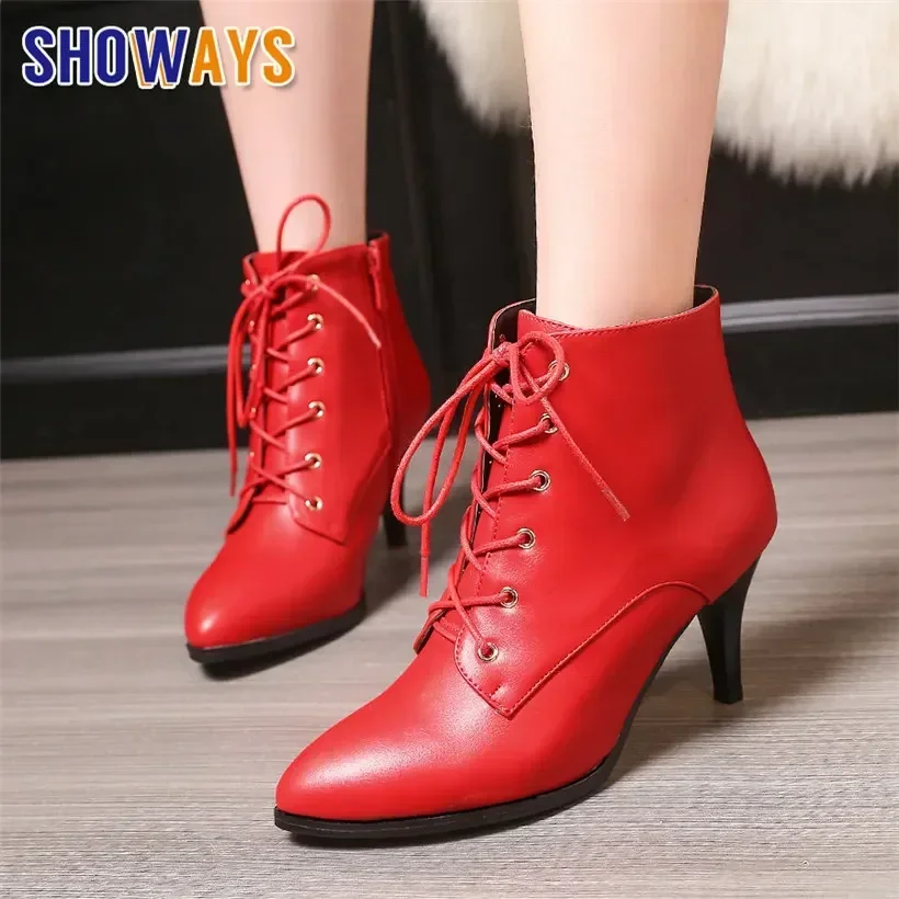 

British High Spike Heels Pointed Toe Ankle Boots Black Red Party Dress Office Lady Winter Plush Zipper Lace-up Retro Short Boots