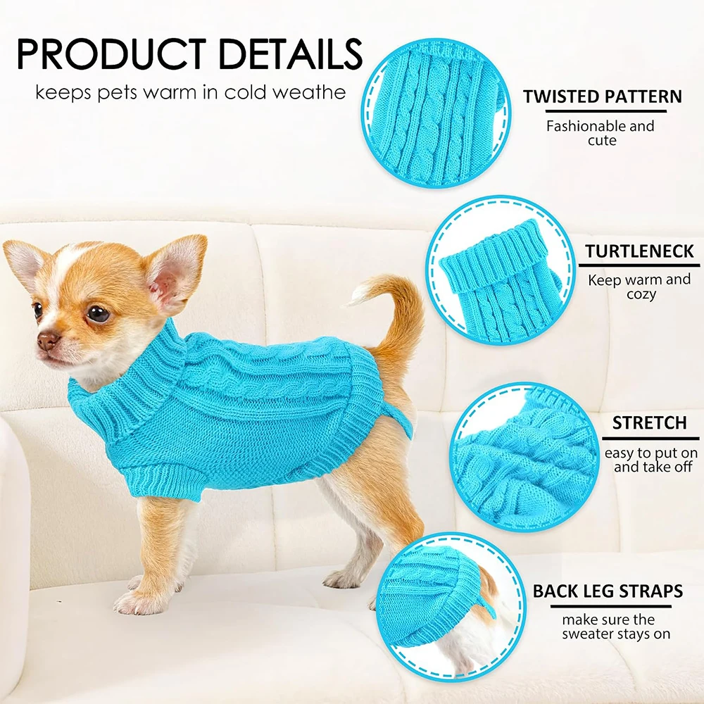 Winter Katzen- und Hundepullover aus Strick, Weiche Warme Welpenkleidung für Kleine und Mittelgroße Hunde und Katzen mit Rückenbeinriemen, Einfarbiger Haustierpullover mit Rollkragen – Detail 3