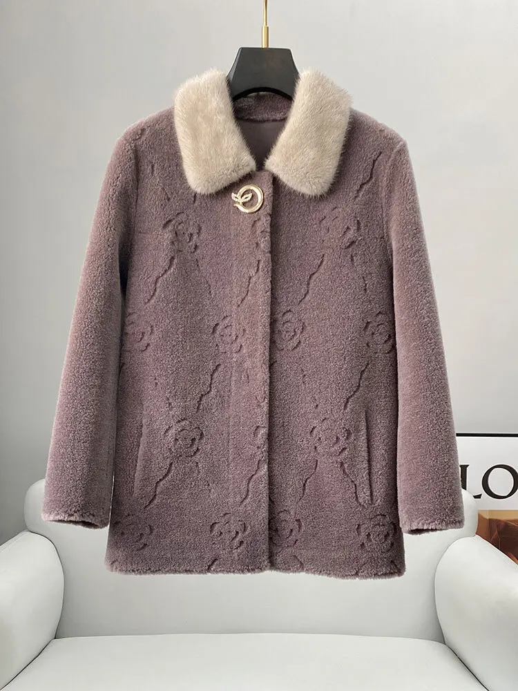 Anti season mom sheep shearing fur coat women's short mink fur collar middle-aged and elderly granular fur coat