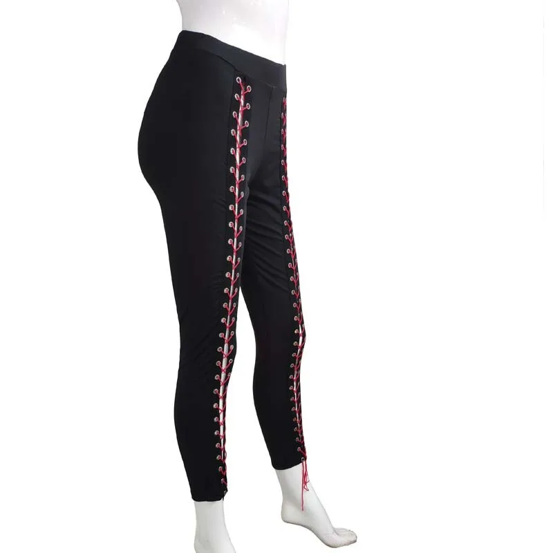 Frauen Schwarz Leggings Sexy Umreifung Strang Leer Seil Slim Fit Außen Tragen Hosen Mit Löcher Vorderes Lila Rot Große Größe vier – Detail 4