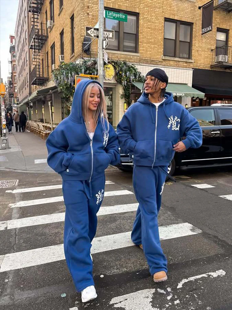 Hip-hop traje de viento de calle americana con cremallera suéter con capucha Pantalones rectos tendencia personalidad calle alta 2025 traje de otoño e invierno