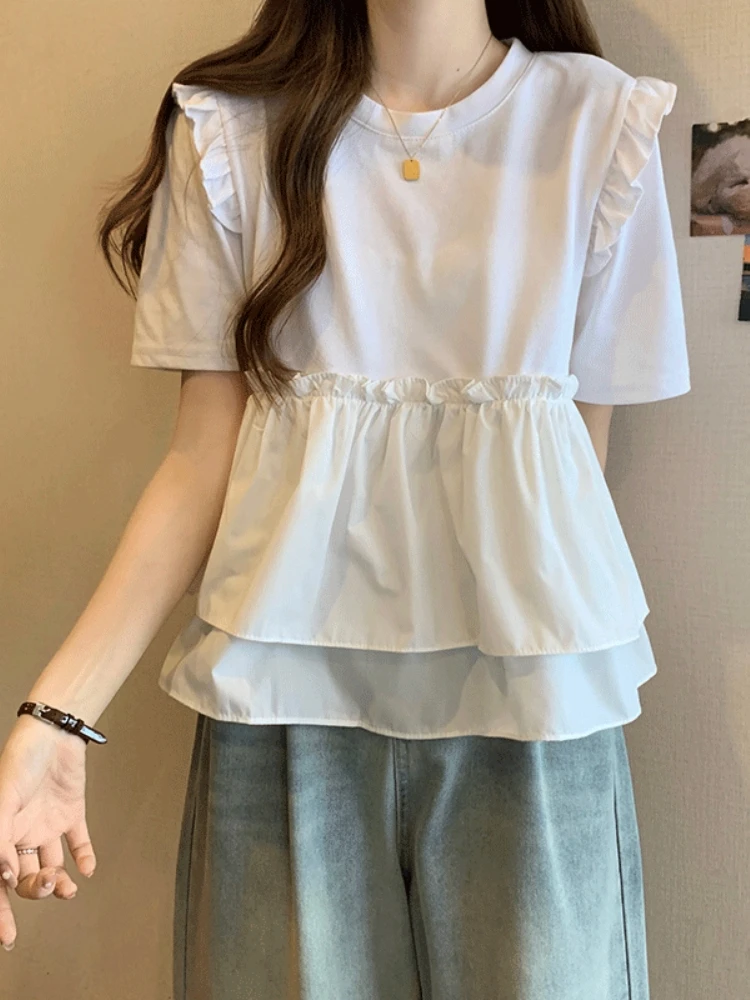 Stylish Large Size Doll Top Women's Summer Fashion Conceal Belly Design Slimming Base Shirt Korean Style round Neck Short Sleeve