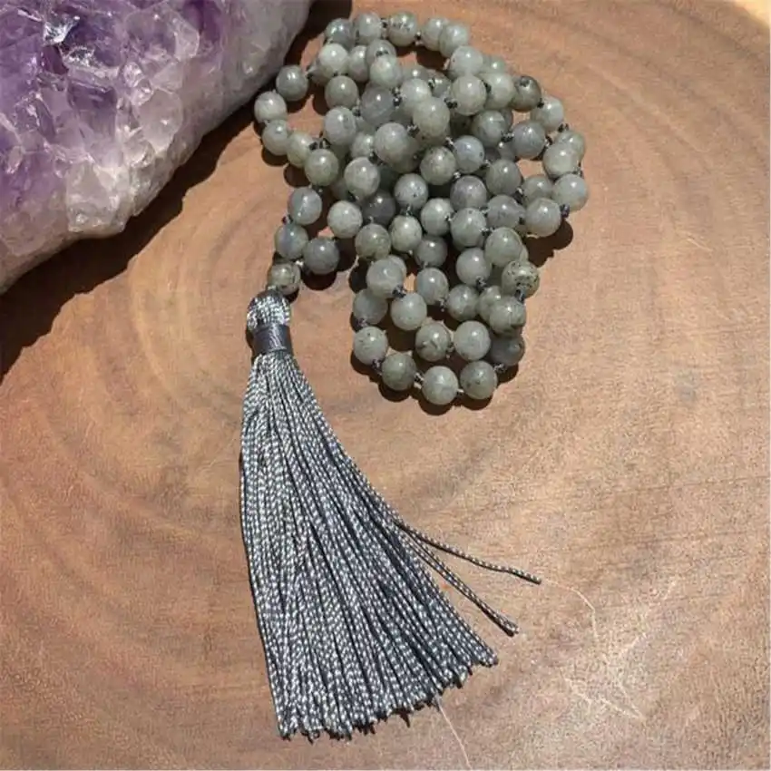 8mm Natural Labradorite 108 Beads Tassel Knot Necklace Wood Pendant Religious Bridal Healing Relief Opera length Stone Mala Yoga