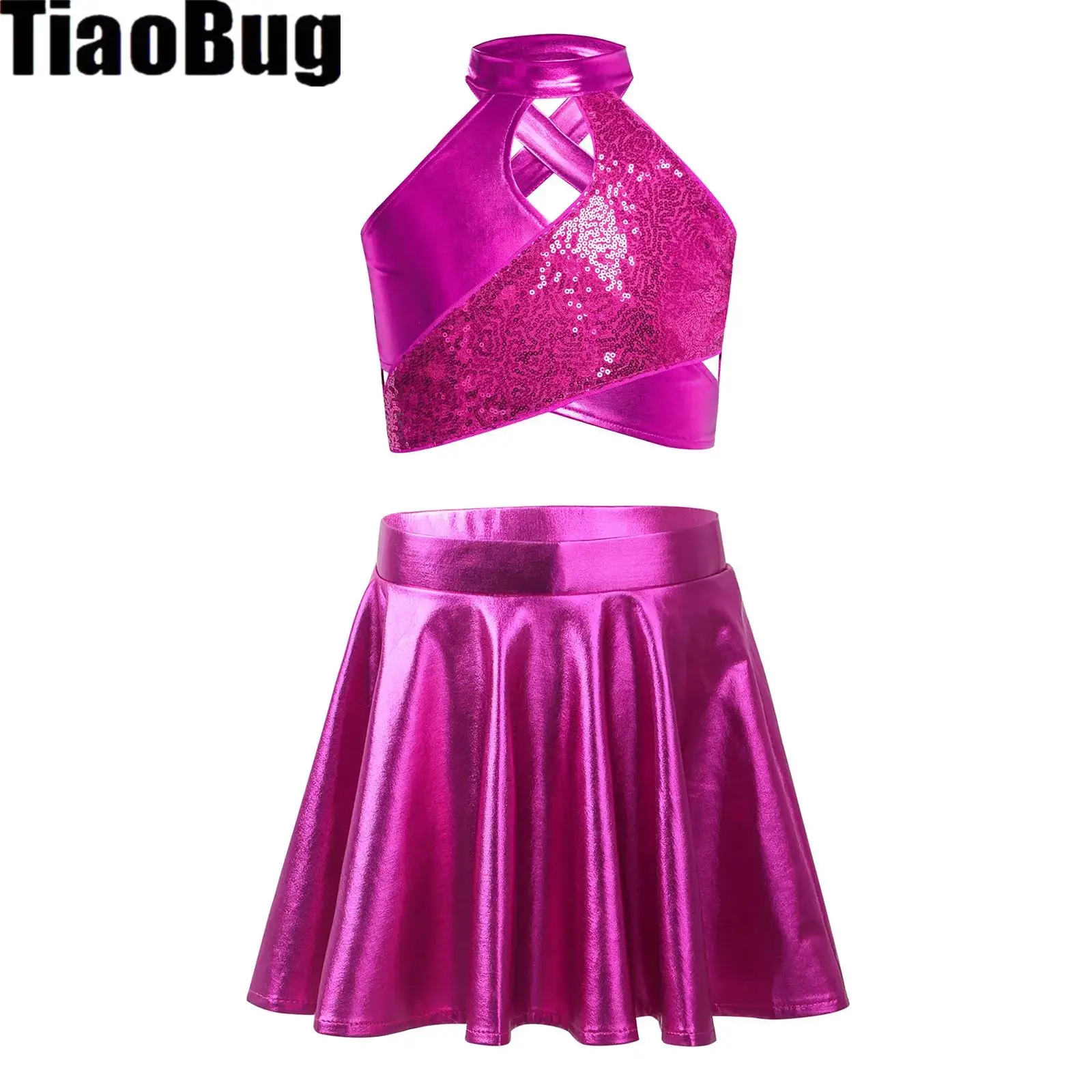 

Girls Jazz Dance Outfit Cross Keyhole Sparkly Sequins Metallic Crop Top with Shiny A-Line Skirt Cheerleading Performance Costume