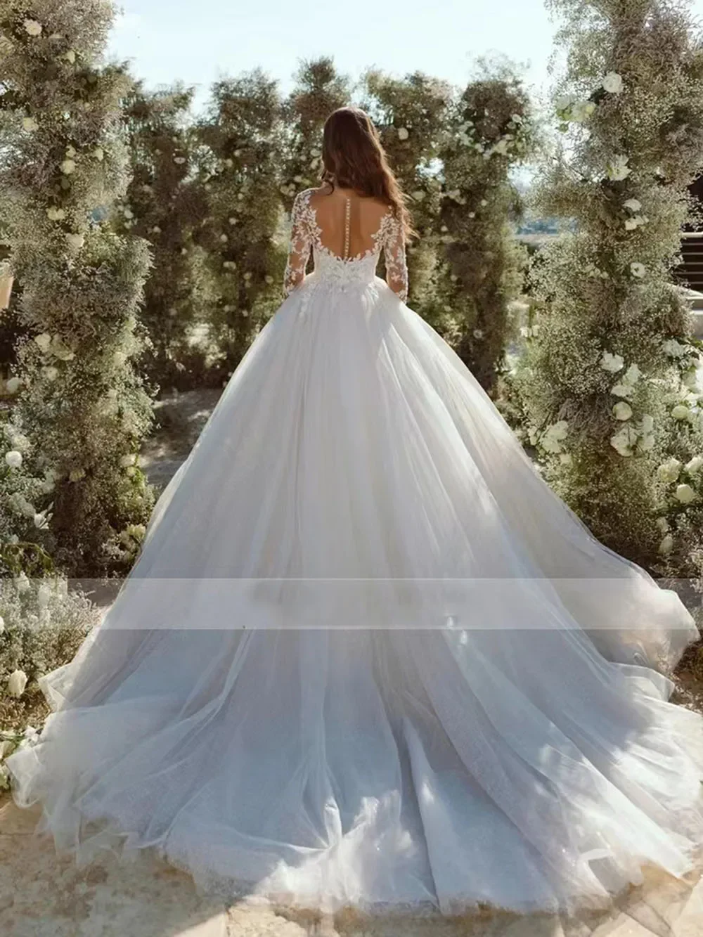 Modern Glitter Tulle ชุดแต่งงานแขนยาว V คอชุดเจ้าสาวสําหรับเจ้าสาว Robe De Mariée ชุดแต่งงานสําหรับผู้หญิง