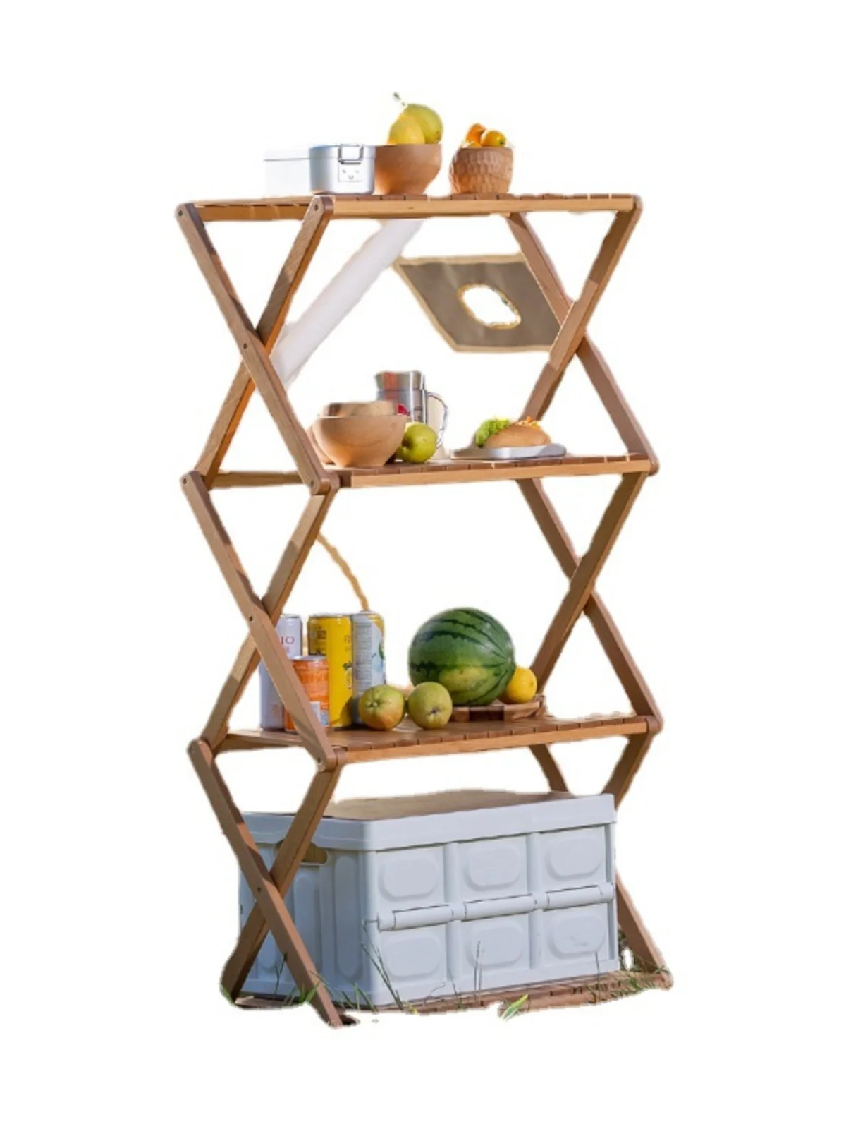 Outdoor installation-free multi-layer storage storage folding rack picnic portable solid wood storage table