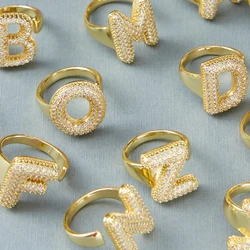 CZ Zircon Chunky Initial Letter Open Rings Women Stainless Steel Gold Plated Bubble A-Z Letter Finger Ring Hip Hop Jewelry Gift