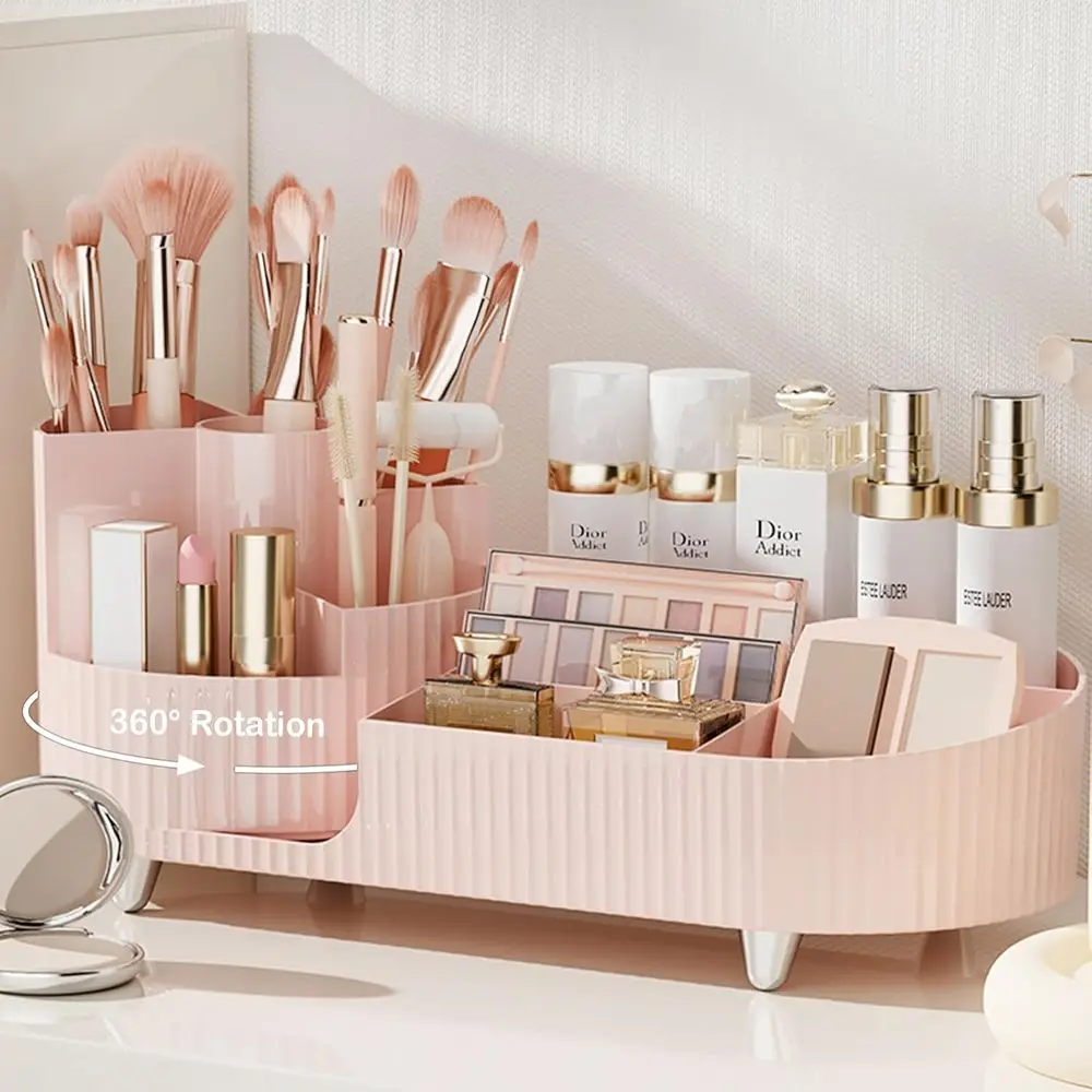 Rotating Vanity Organizer with Brush Holder - Large Spinning Cosmetic Storage, Countertop Makeup & Skincare Organizer, Perume &