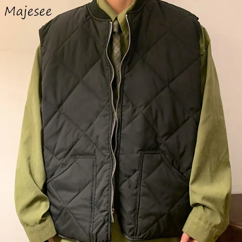 Parkas vintage japonesas para homens, coletes sem mangas argyle, inverno, casual, elegante, cor pura, casacas térmicas, moda chique