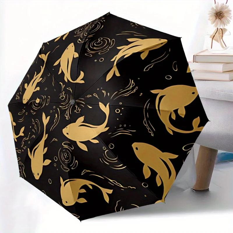 

1pc Fish Pond Automatic Open/close Folding Compact Umbrella, 8-Rib Sturdy Canopy, Lightweight Portable, Commuting Use, Gift, O