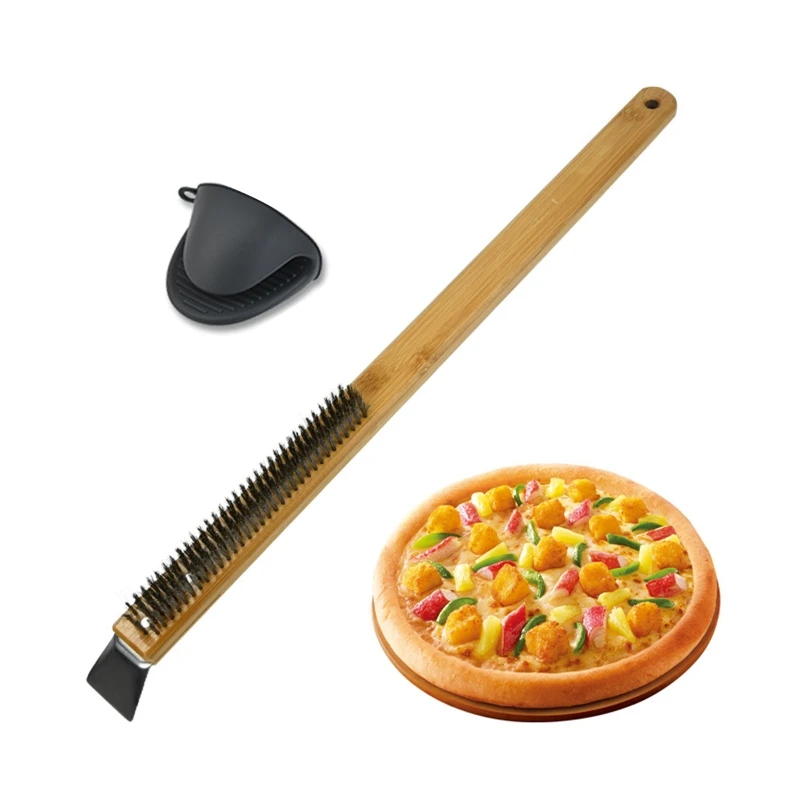 Pizza Oven Brush with Scraper, Pizza Stone Cleaning Brush with Scraper, Cleaning Brush Wooden Handle Oven Accessories