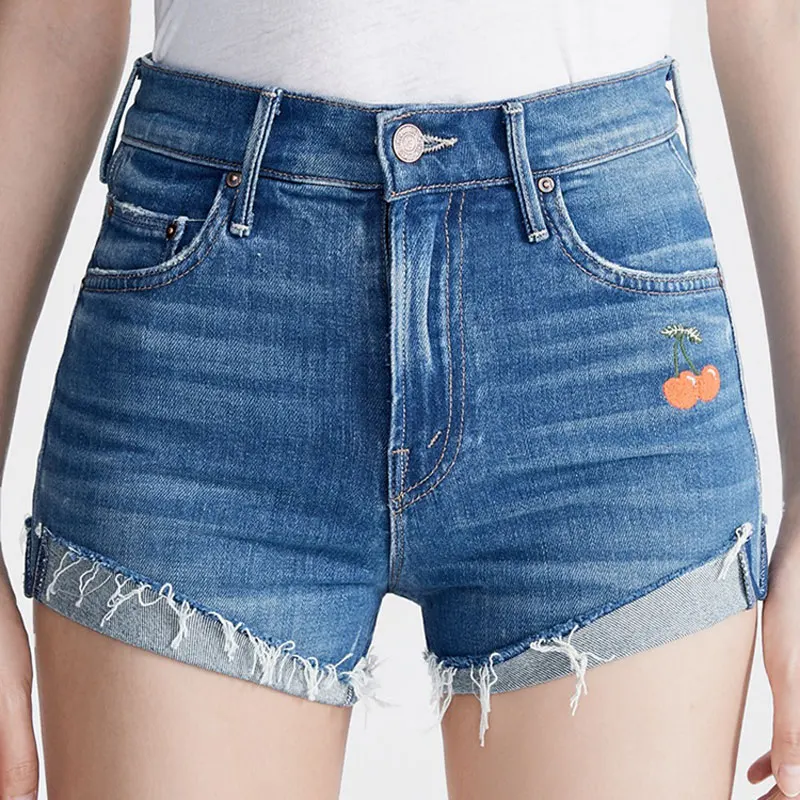 Cherry Embroidery women denim shorts high waist slim fashion lady shorts