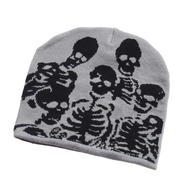 400A Knitted Hat for Women Men Skeleton Pattern Hat Handcrochet Hat 2000s Cool Girl Boy Hiphop Hat Halloween Headwear