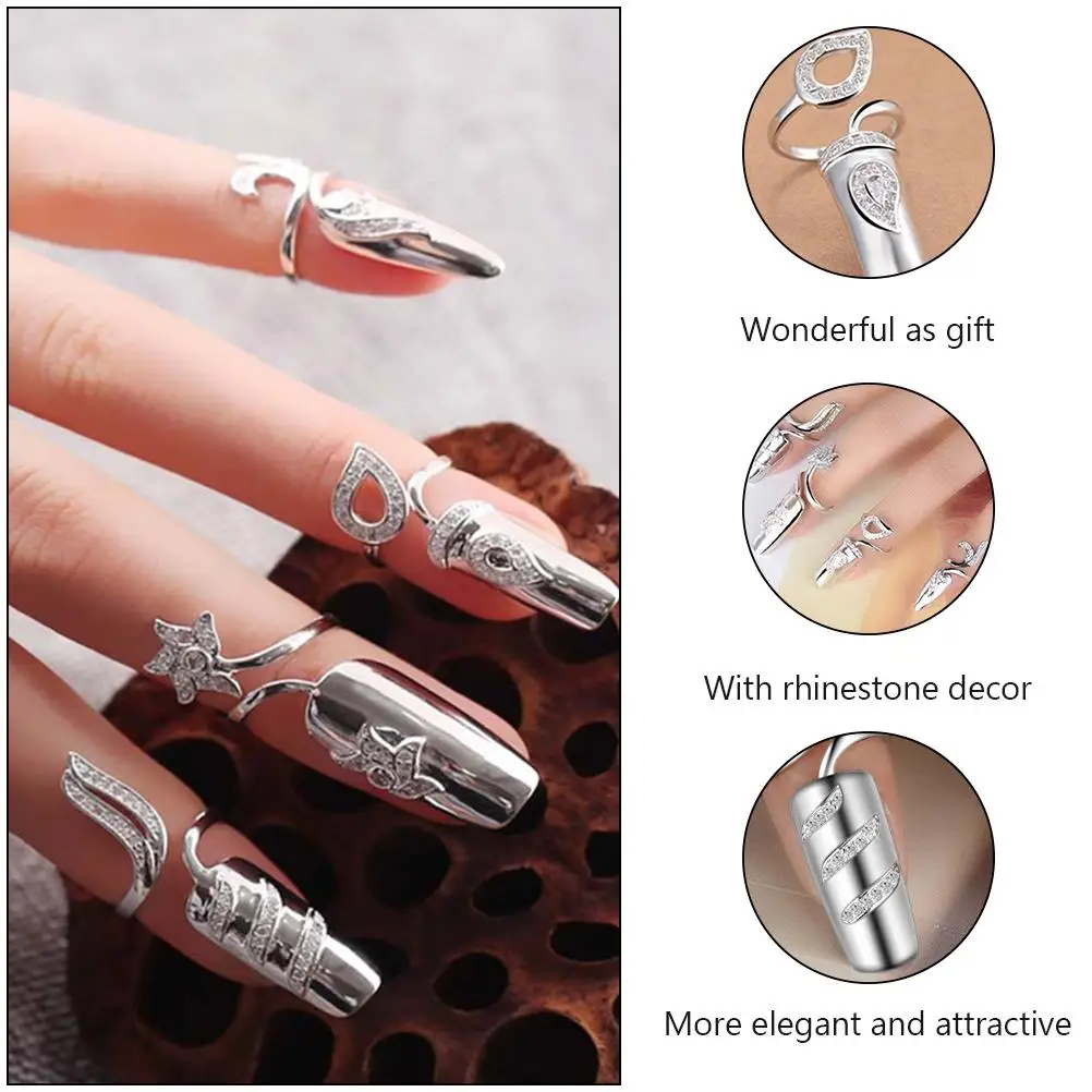4 anelli decorativi per unghie con strass, punte eleganti per artigli, cornice in lega, regalo leggero e sano per gioielli per unghie