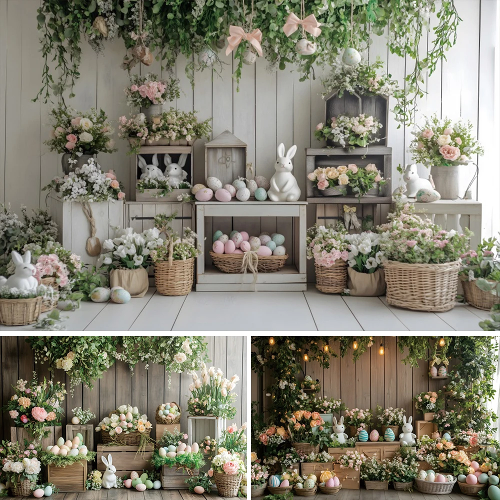 

Wood Board Backdrop Easter Day Rabbits Colorful Eggs Green Vine Spring Flower Photography Background Kids Birthday Party Banner