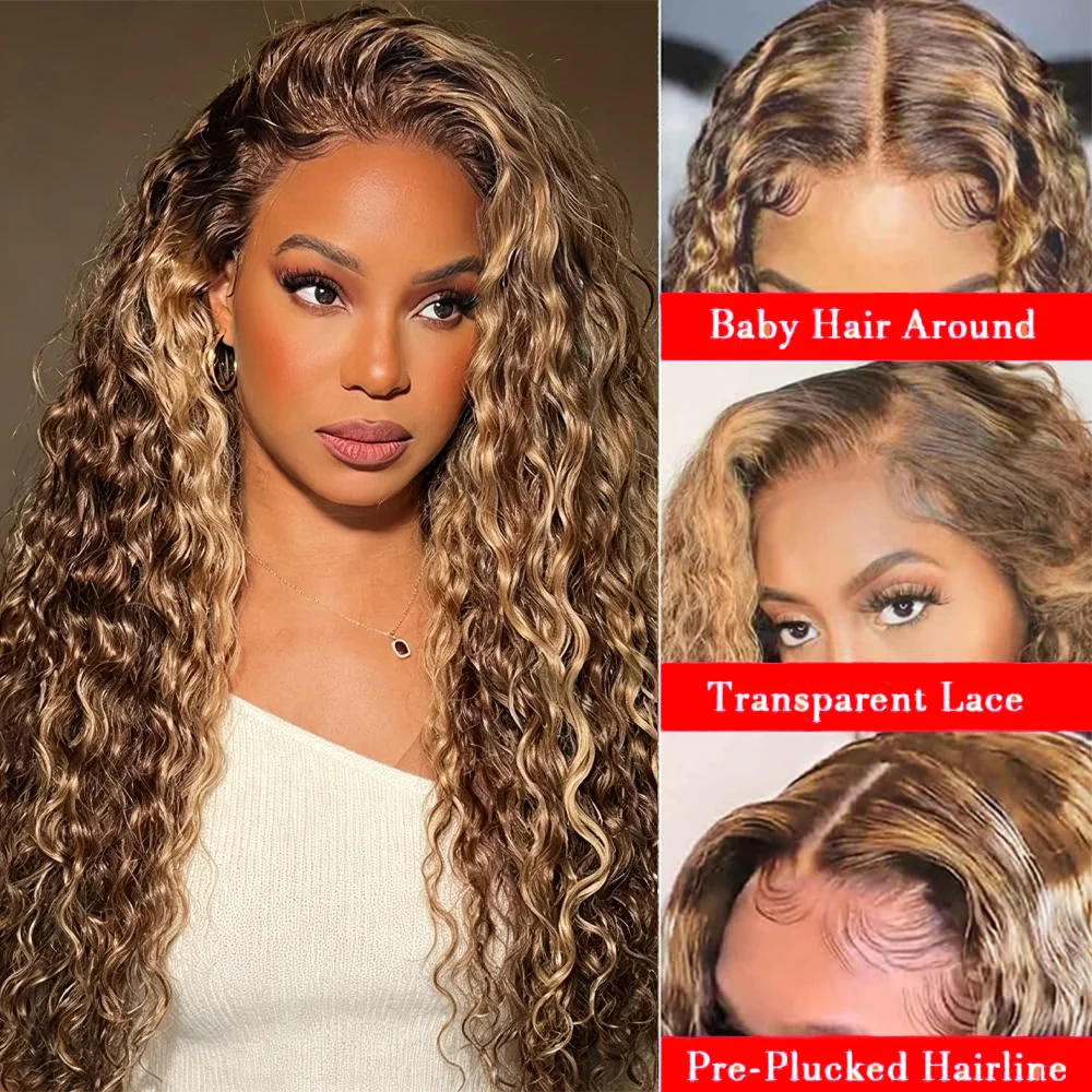 Water Wave Human Hair Wig for Women 200 250 Density 4/27 Highlight 13x4 HD Lace Frontal Human Hair Wig 5x5 HD Lace Closure Wig image 3