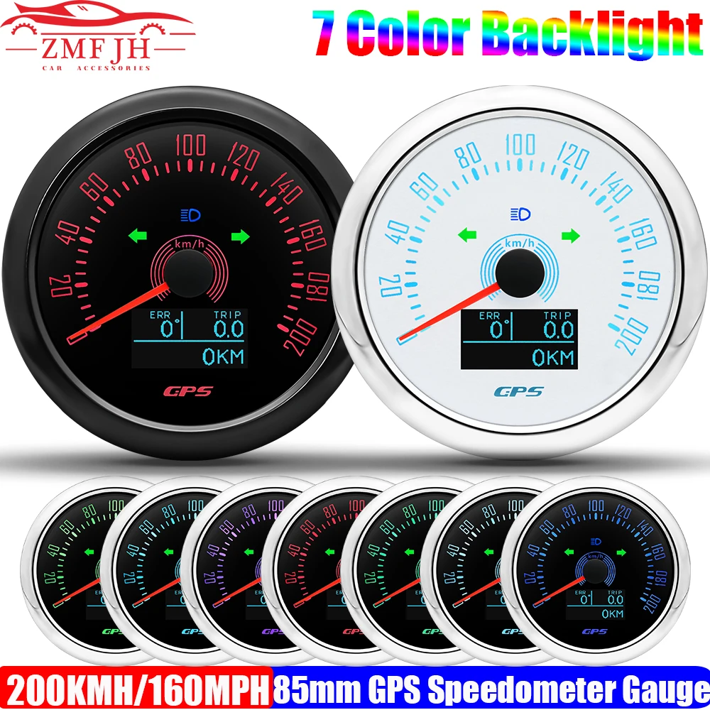 7 Color Backlight 200KMH/160MPH 85mm GPS Speedometer With Antenna Odometer Adjustable Trip ODO COG for Auto Car Boat Yacht 9-32V