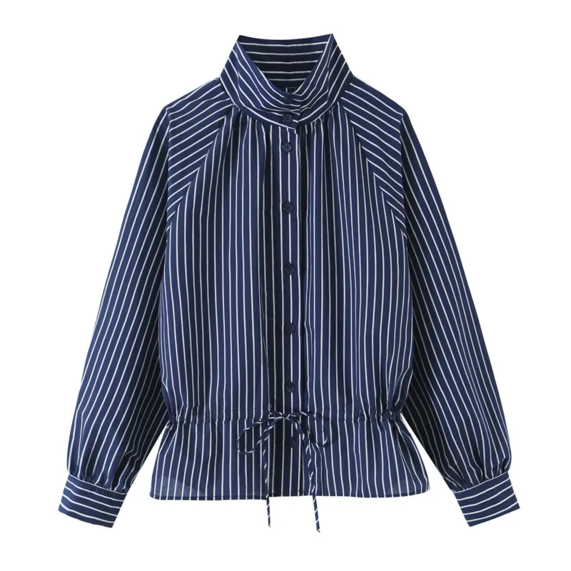 Women's bow tie fastening Striped Blouse With Lace-Up Autumn High-Neck Long Sleeve Button Women's Blouses Casual Female Shirts