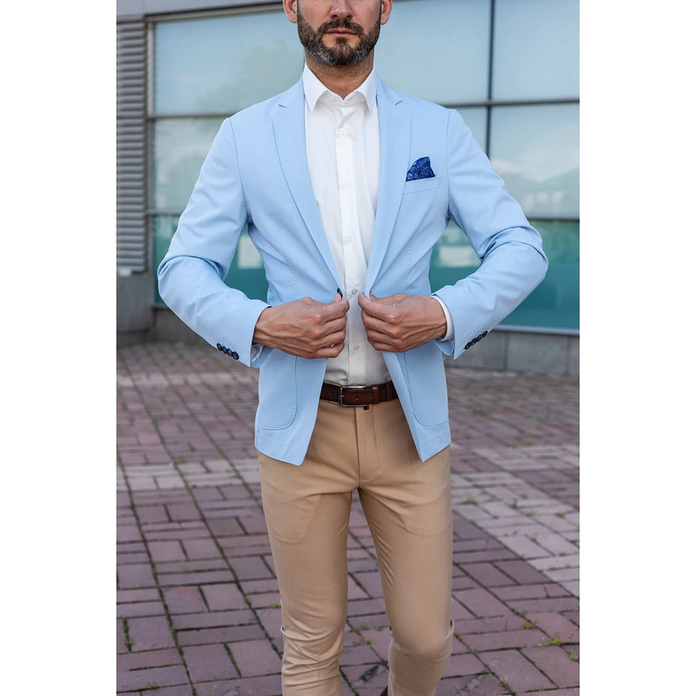 

2023 Fashion New Men's Casual Boutique Single Breasted Sky Blue Blazer Khaki Trousers 2 Pieces （Jacket+ Pants)