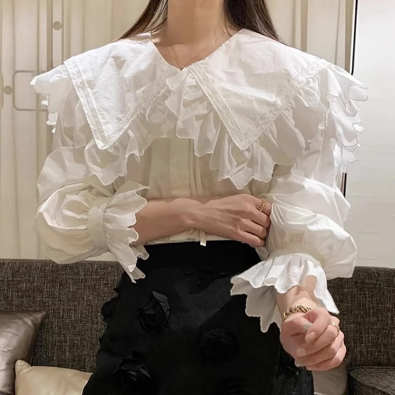 

Chic Early Autumn Sweet Age-Defng Ruffle Navy Collar Loose Versatile Belted Long Sve Striped irt Women's Top