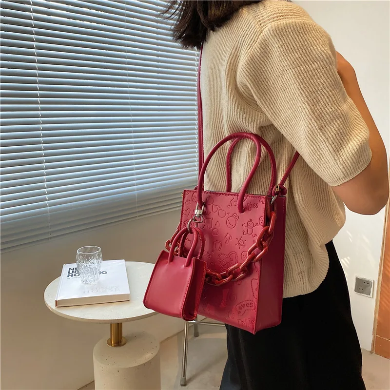 2 pc Retro Casual Flap Square bag 2022 New Quality PU Leather Women\'s Designer Handbag Acrylic shoulder strap Shoulder Messenger