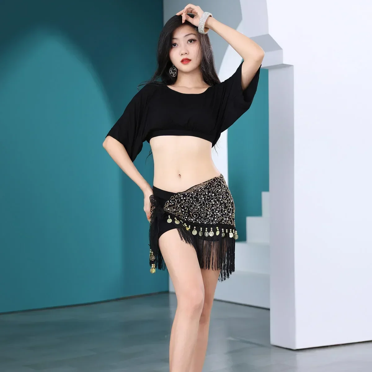 Girls Class Wear Costume Accessories Mesh Base Sequins Tassels Wraps Half Circle Belt Women Fringes Hip Scarf with Gold Coins