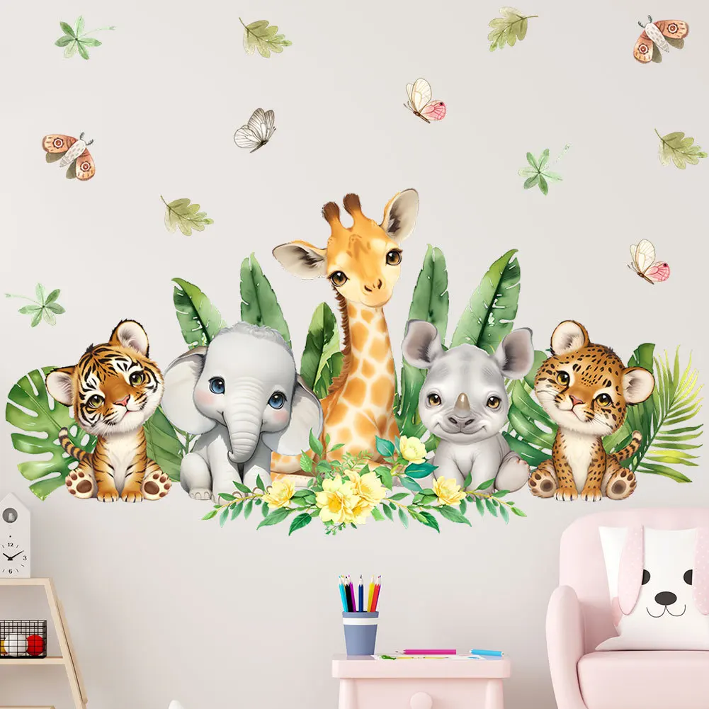 Lovely Tiger Leopard Rhinoceros Elephant Wall Stickers For KidsRoom Decoration Cartoon Animals Mural Art Pvc Posters Home Decals