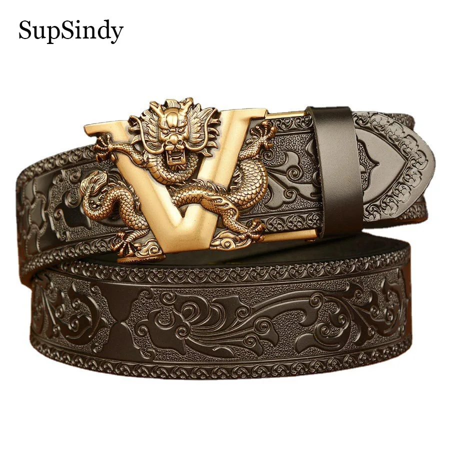 

SupSindy New Men Genuine Leather Belt Luxury Gold Dragon Metal Automatic Buckle Cowhide Belts for Men Jeans Waistband Male Strap