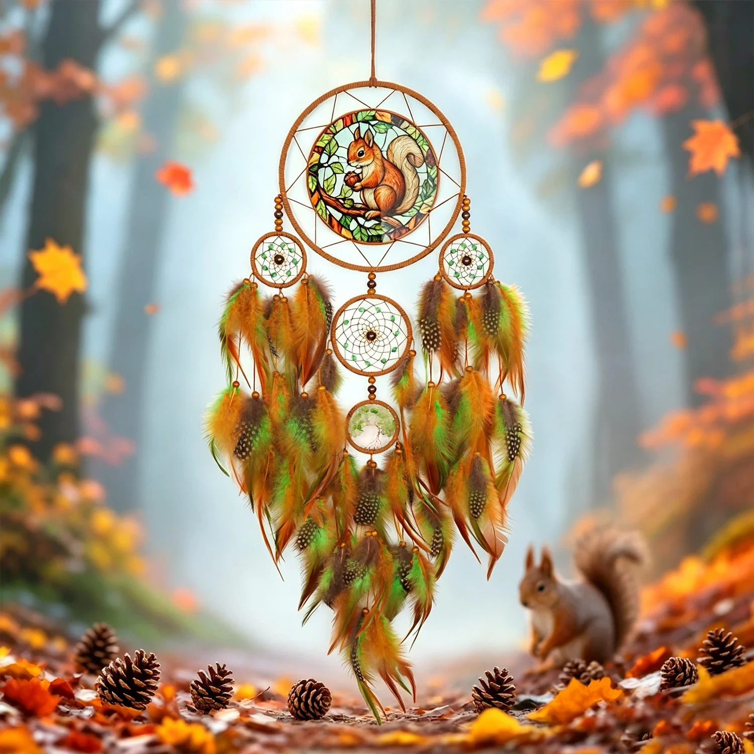 Autumn Squirrel Dream Catcher  Handmade Feather Wall Hanging Boho Animal Pattern Ornament for Home Bedroom Decor Gift